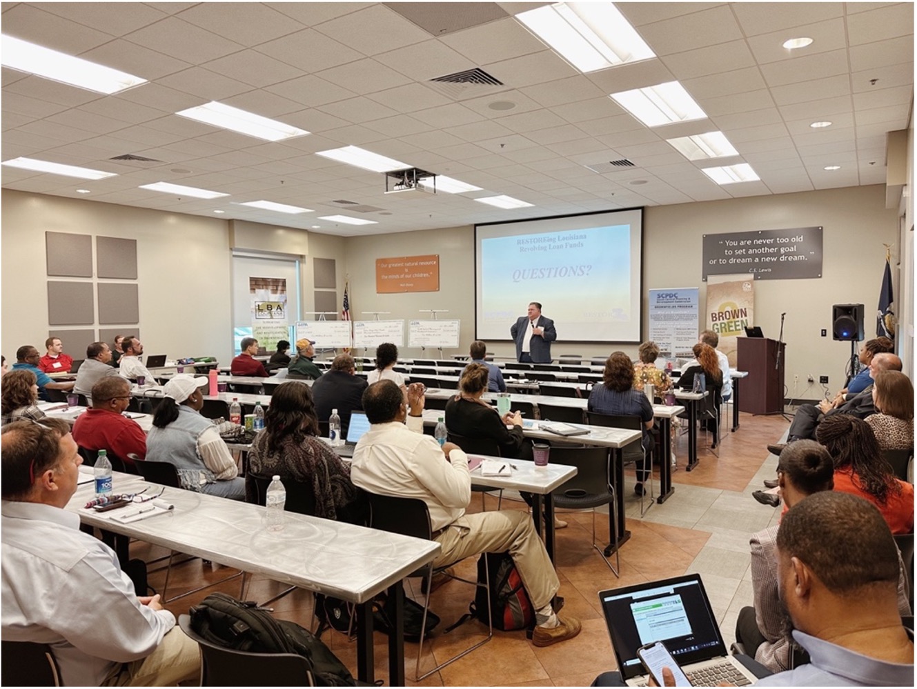 LA Brownfield Conference attendees hear from Dr. John Sutherlin during Day 2 of the conference at the North Branch Terrebonne Parish Library.
