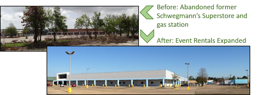 Former Schwegmann's Store in Algiers neighborhood of New Orleans before redevelopment and after redevelopment