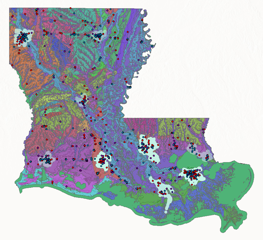 Map of Louisiana with various forms of data overlaid.